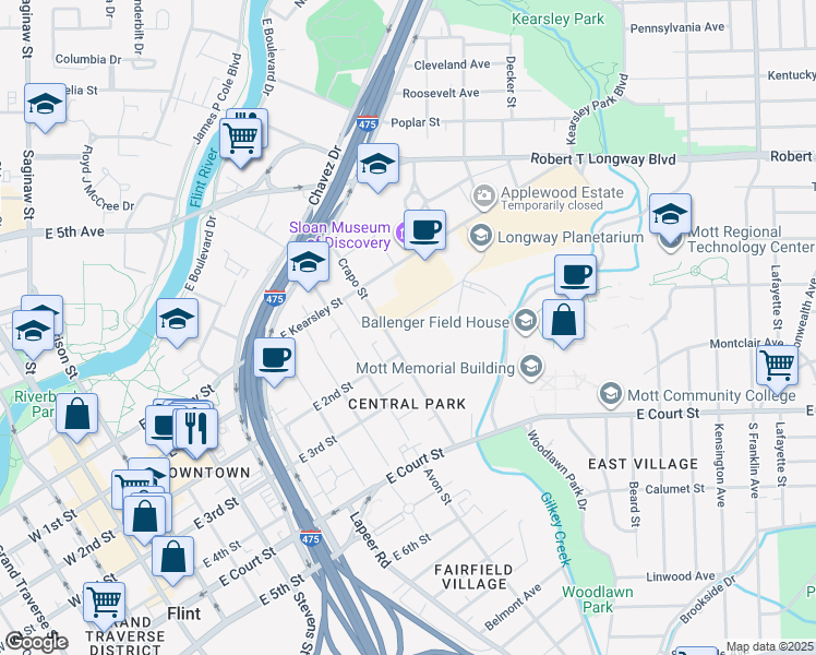 map of restaurants, bars, coffee shops, grocery stores, and more near 601 Crapo Street in Flint