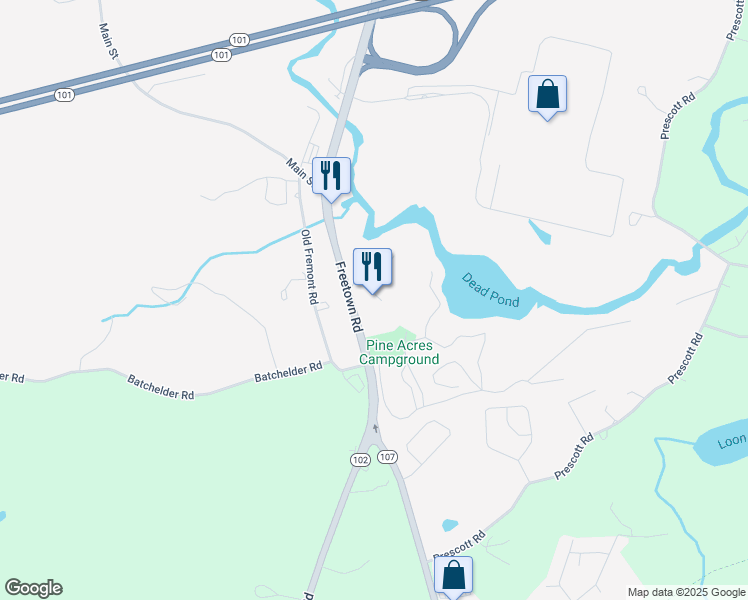 map of restaurants, bars, coffee shops, grocery stores, and more near 64 Freetown Road in Raymond