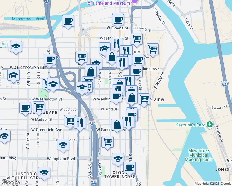 map of restaurants, bars, coffee shops, grocery stores, and more near 229 West Washington Street in Milwaukee