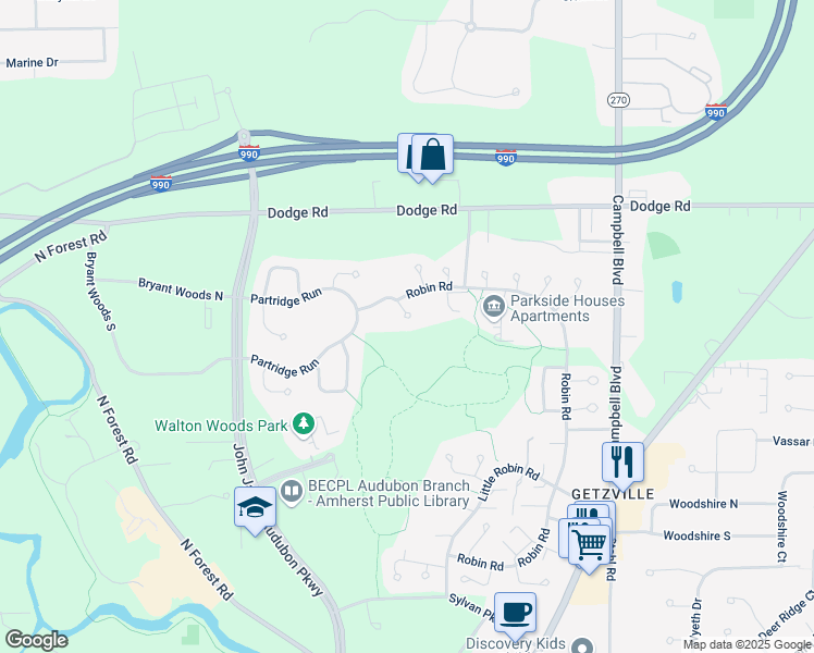 map of restaurants, bars, coffee shops, grocery stores, and more near 15 Sandpiper Court in Buffalo