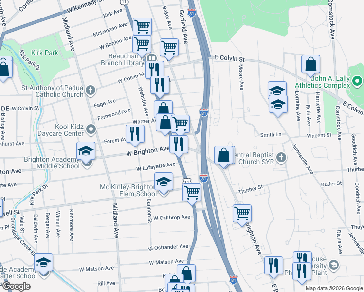 map of restaurants, bars, coffee shops, grocery stores, and more near 113 East Brighton Avenue in Syracuse