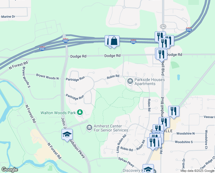 map of restaurants, bars, coffee shops, grocery stores, and more near 15 Sandpiper Court in Buffalo
