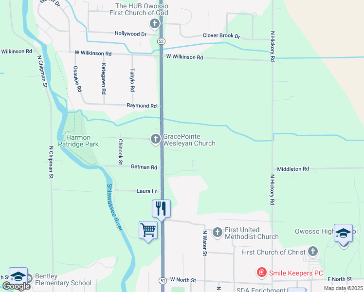 map of restaurants, bars, coffee shops, grocery stores, and more near 1694 Michigan 52 in Owosso