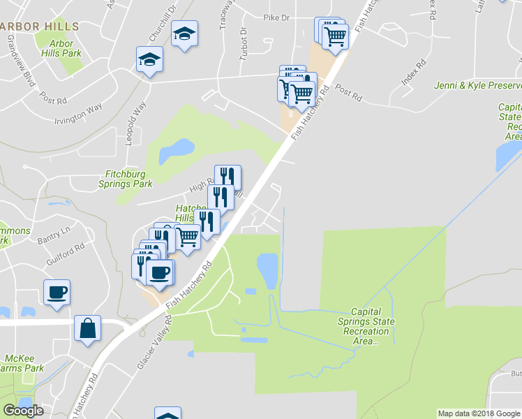 map of restaurants, bars, coffee shops, grocery stores, and more near 3600 Breckenridge Court in Madison