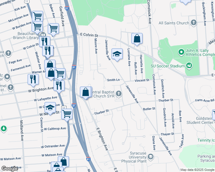 map of restaurants, bars, coffee shops, grocery stores, and more near in Syracuse