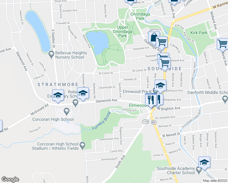 map of restaurants, bars, coffee shops, grocery stores, and more near 240 Arlington Avenue in Syracuse