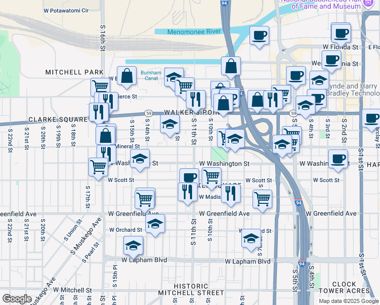 map of restaurants, bars, coffee shops, grocery stores, and more near 927A South 11th Street in Milwaukee