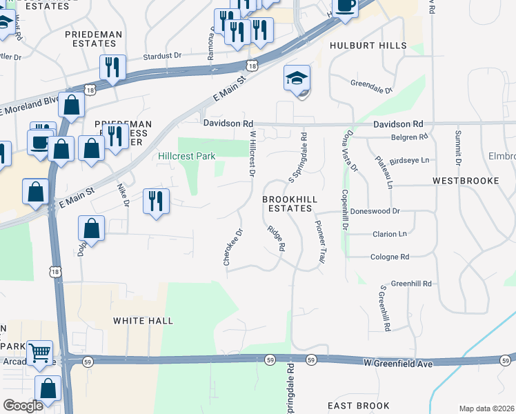 map of restaurants, bars, coffee shops, grocery stores, and more near 1060 Ridge Road in Waukesha