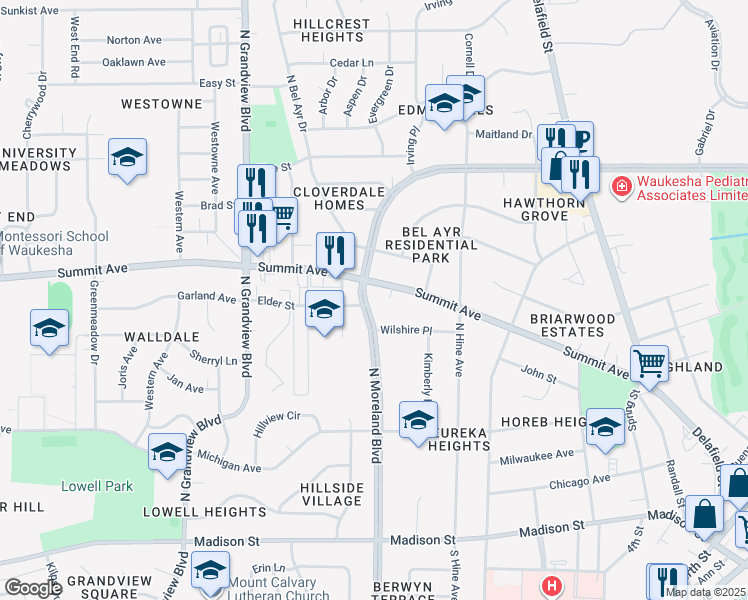 map of restaurants, bars, coffee shops, grocery stores, and more near in Waukesha