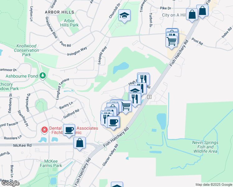 map of restaurants, bars, coffee shops, grocery stores, and more near 2520 High Ridge Trail in Fitchburg