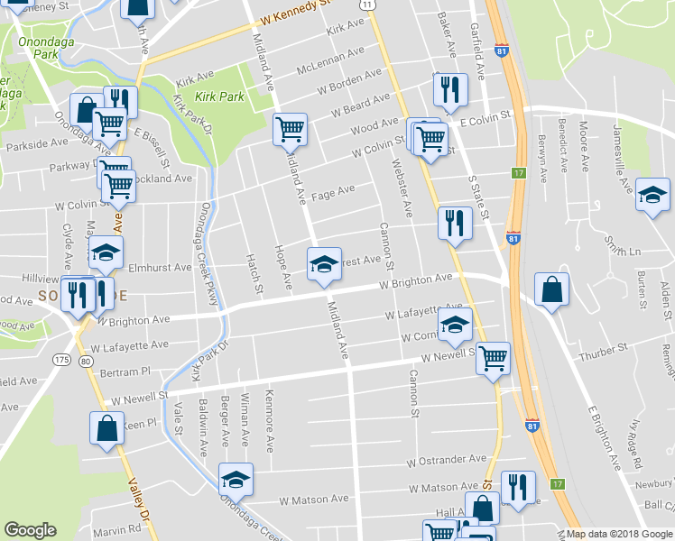 map of restaurants, bars, coffee shops, grocery stores, and more near 183 Forest Avenue in Syracuse