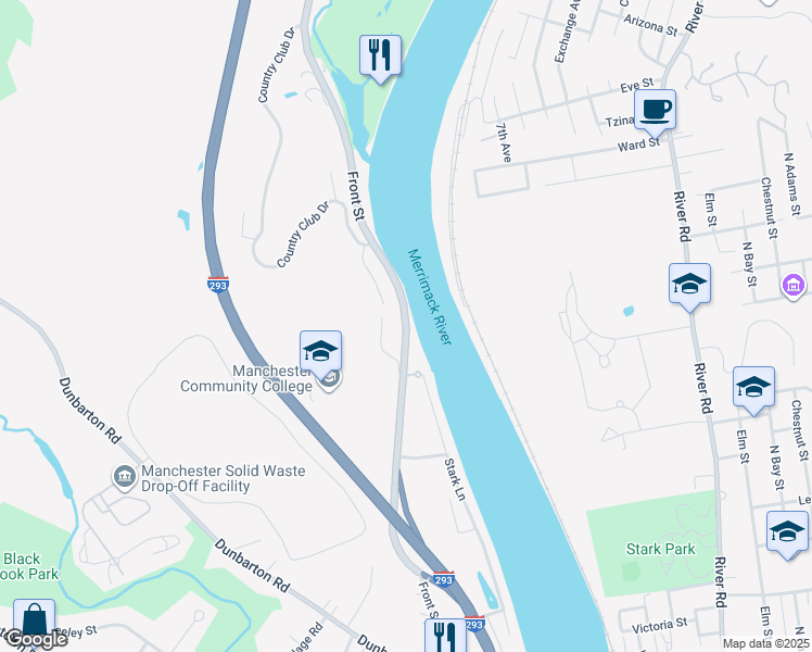 map of restaurants, bars, coffee shops, grocery stores, and more near 1070 Front Street in Manchester