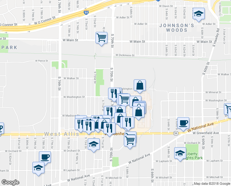 map of restaurants, bars, coffee shops, grocery stores, and more near 1040 South 70th Street in West Allis