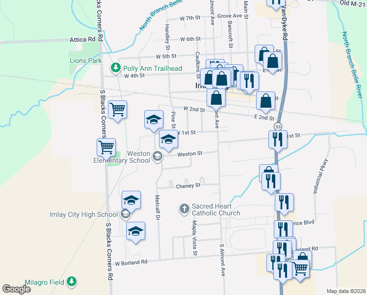 map of restaurants, bars, coffee shops, grocery stores, and more near 355 West 1st Street in Imlay City