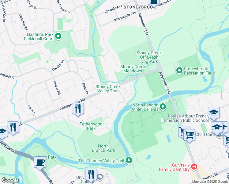 map of restaurants, bars, coffee shops, grocery stores, and more near 655 Windermere Road in London