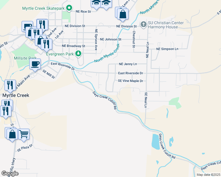 map of restaurants, bars, coffee shops, grocery stores, and more near 166 Southeast Debbie Way in Myrtle Creek