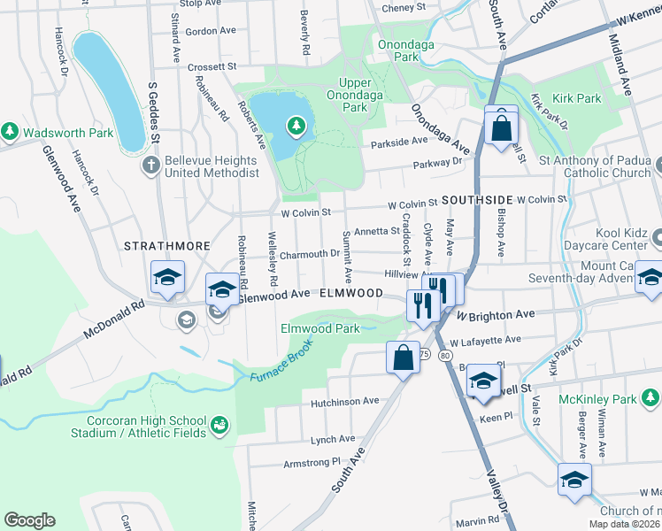 map of restaurants, bars, coffee shops, grocery stores, and more near 240 Arlington Avenue in Syracuse