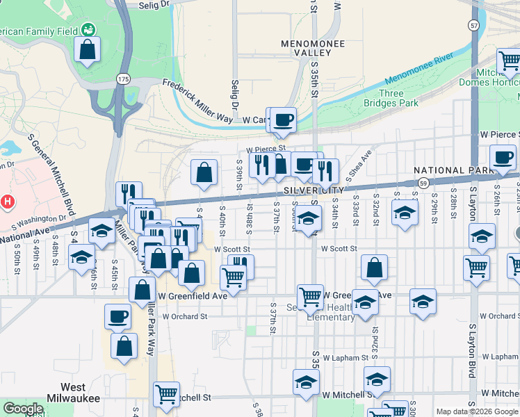 map of restaurants, bars, coffee shops, grocery stores, and more near 3810A West National Avenue in Milwaukee