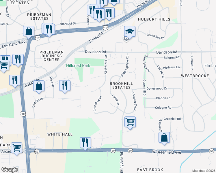 map of restaurants, bars, coffee shops, grocery stores, and more near 1060 Ridge Road in Waukesha