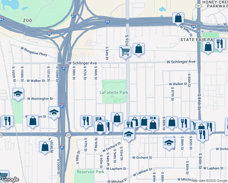 map of restaurants, bars, coffee shops, grocery stores, and more near 9418 West Washington Street in West Allis