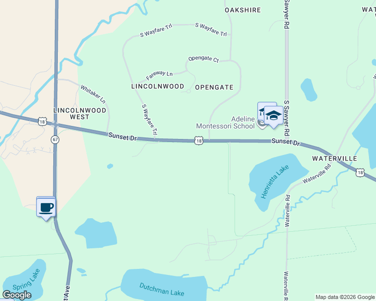 map of restaurants, bars, coffee shops, grocery stores, and more near 1301 South Opengate Court in Oconomowoc