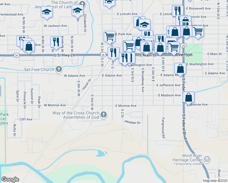 map of restaurants, bars, coffee shops, grocery stores, and more near 110 East Jefferson Avenue in Riverton