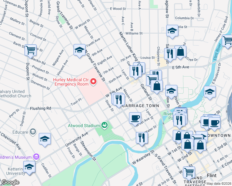map of restaurants, bars, coffee shops, grocery stores, and more near 425 West 5th Avenue in Flint