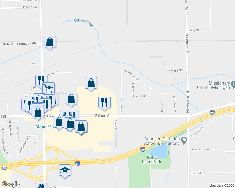 map of restaurants, bars, coffee shops, grocery stores, and more near 1081 Arapaho Drive in Burton