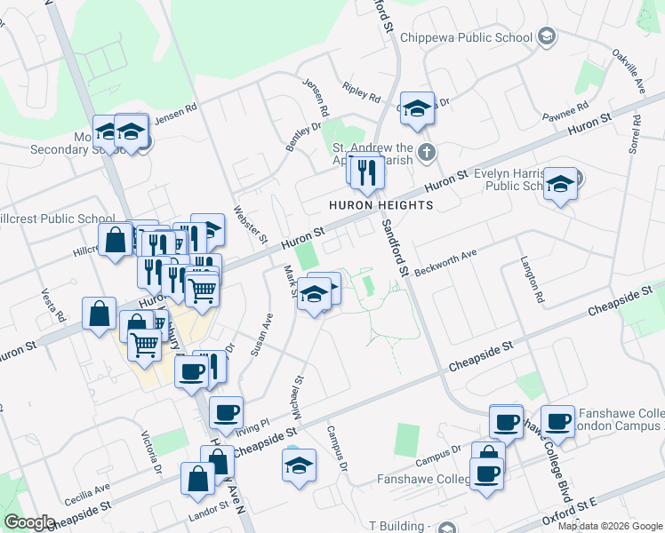 map of restaurants, bars, coffee shops, grocery stores, and more near 1443 Huron Street in London