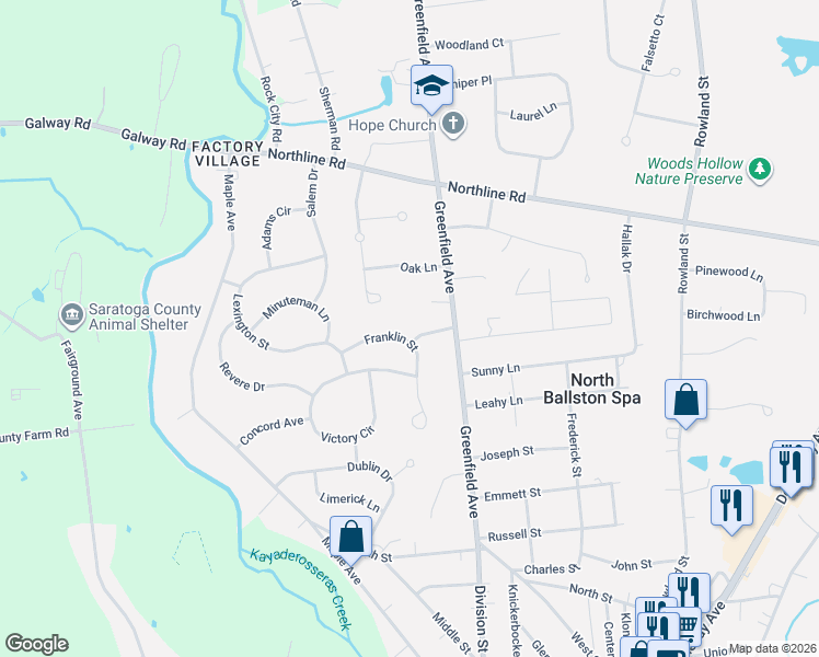 map of restaurants, bars, coffee shops, grocery stores, and more near 23 Berkshire Drive in Ballston Spa