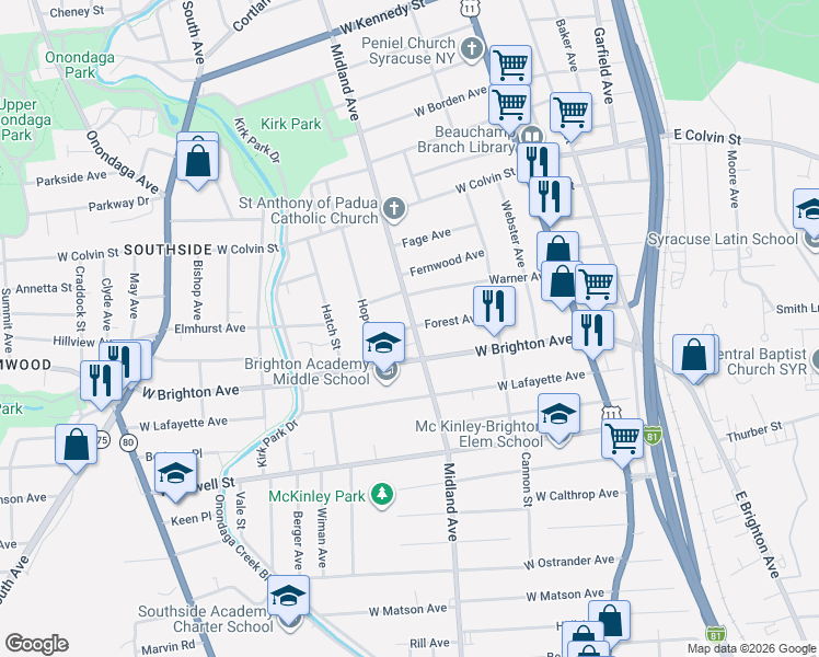 map of restaurants, bars, coffee shops, grocery stores, and more near 1816-22 Midland Avenue in Syracuse