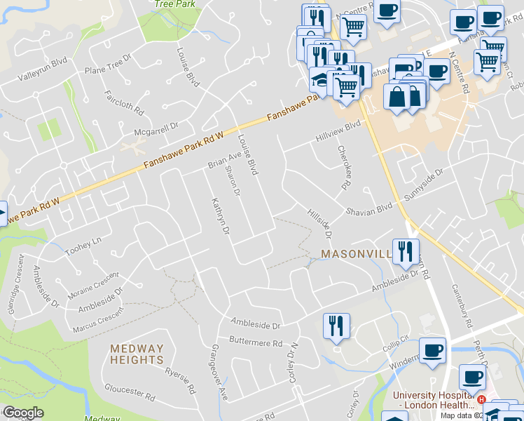 map of restaurants, bars, coffee shops, grocery stores, and more near 1640 Louise Boulevard in London