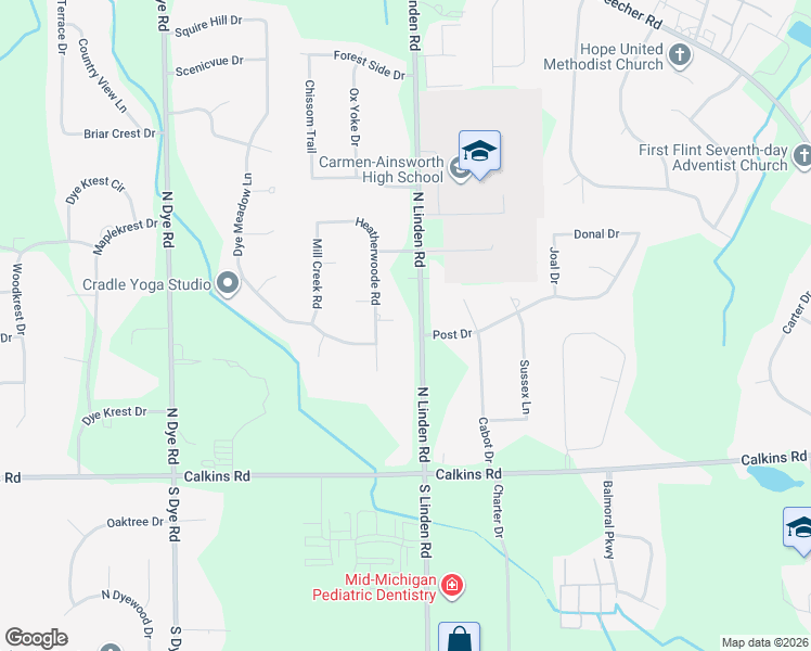 map of restaurants, bars, coffee shops, grocery stores, and more near 1159 North Linden Road in Flint