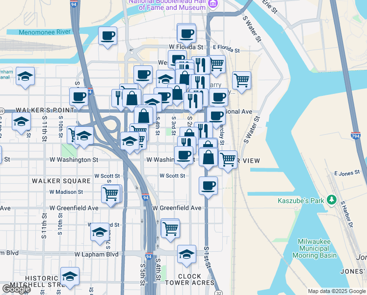 map of restaurants, bars, coffee shops, grocery stores, and more near 226 West Mineral Street in Milwaukee