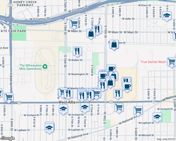 map of restaurants, bars, coffee shops, grocery stores, and more near 934 South 73rd Street in West Allis
