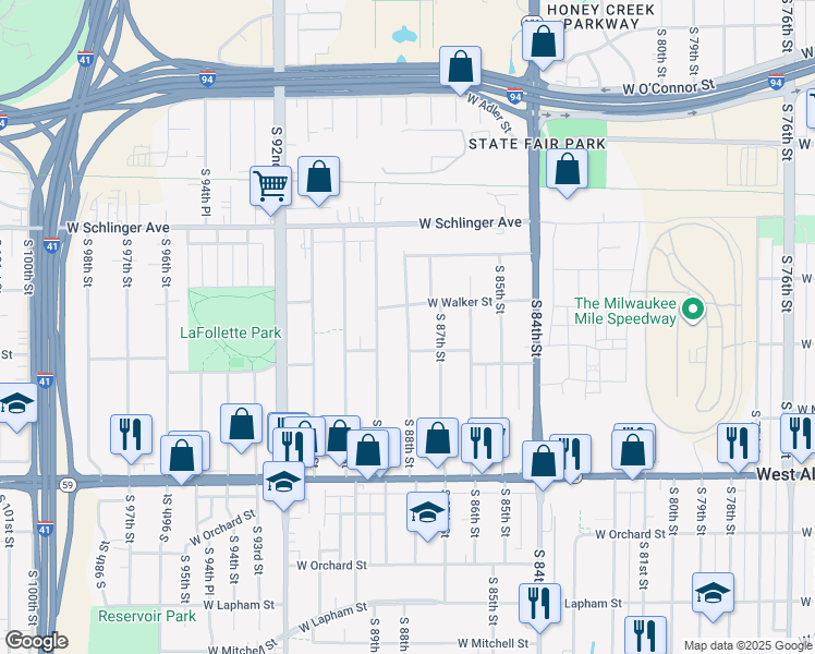 map of restaurants, bars, coffee shops, grocery stores, and more near 900 South 89th Street in West Allis