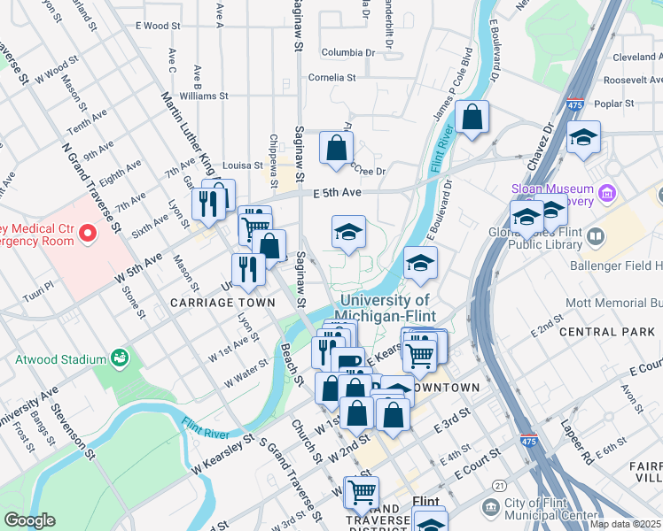 map of restaurants, bars, coffee shops, grocery stores, and more near 1518 East 3rd Avenue in Flint