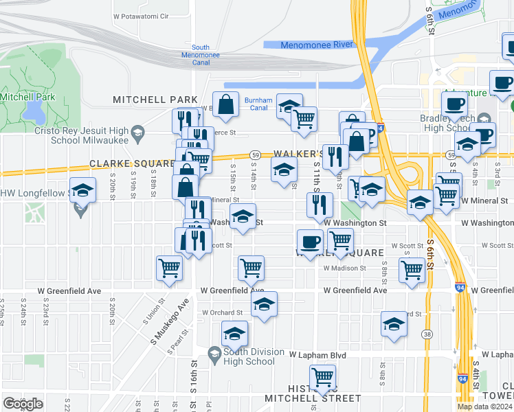 map of restaurants, bars, coffee shops, grocery stores, and more near 1006 South 14th Street in Milwaukee