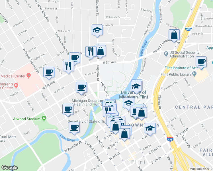 map of restaurants, bars, coffee shops, grocery stores, and more near 1518 East 3rd Avenue in Flint