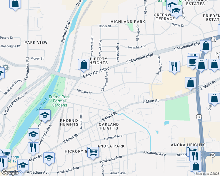 map of restaurants, bars, coffee shops, grocery stores, and more near 1446 Niagara Court in Waukesha