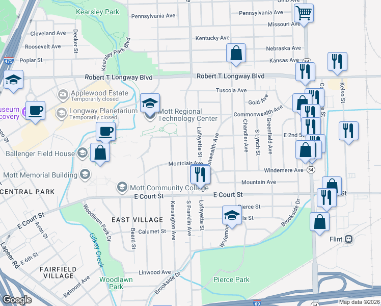 map of restaurants, bars, coffee shops, grocery stores, and more near 601 South Franklin Avenue in Flint