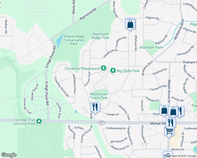 map of restaurants, bars, coffee shops, grocery stores, and more near 7345 Santa Fe Trail in Madison