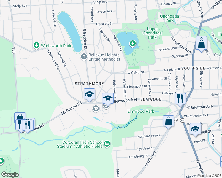 map of restaurants, bars, coffee shops, grocery stores, and more near 215 Strathmore Drive in Syracuse