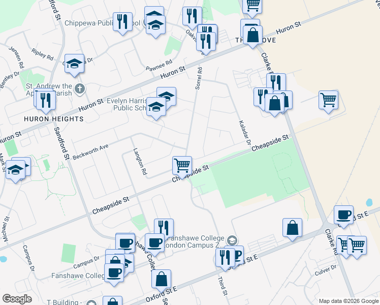 map of restaurants, bars, coffee shops, grocery stores, and more near 1168 Sorrel Road in London