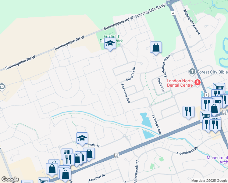 map of restaurants, bars, coffee shops, grocery stores, and more near 1179 Silverfox Drive in London