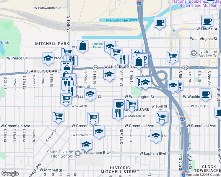 map of restaurants, bars, coffee shops, grocery stores, and more near 1210 West Mineral Street in Milwaukee