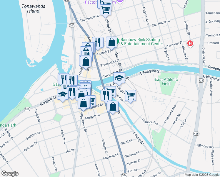 map of restaurants, bars, coffee shops, grocery stores, and more near 15 Fillmore Avenue in Tonawanda