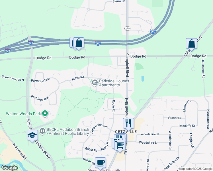 map of restaurants, bars, coffee shops, grocery stores, and more near 851 Robin Road in Buffalo