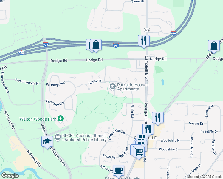 map of restaurants, bars, coffee shops, grocery stores, and more near 937 Robin Road in Getzville