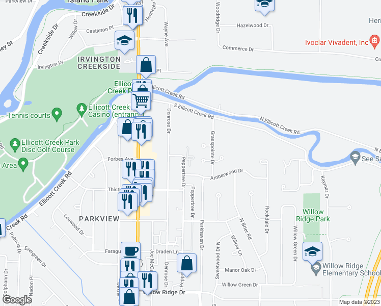 map of restaurants, bars, coffee shops, grocery stores, and more near 39 Roundwood Court in Buffalo